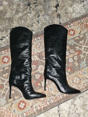 SCHUTZ 'Maryana' Black Croc Embossed Knee Boots 6.5B Very Nice Pre-owned!